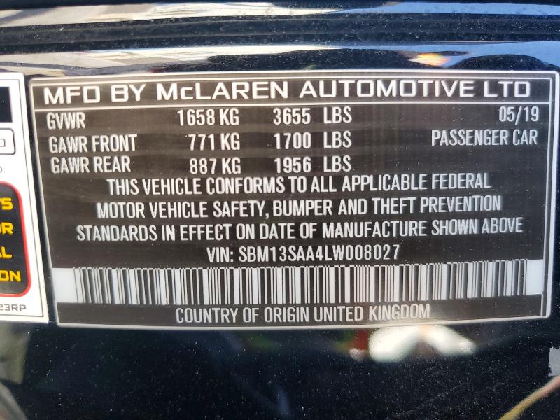 53667336 :رقم المزاد ، SBM13SAA4LW008027 vin ، 2020 Mclaren Automotive 600lt مزاد بيع
