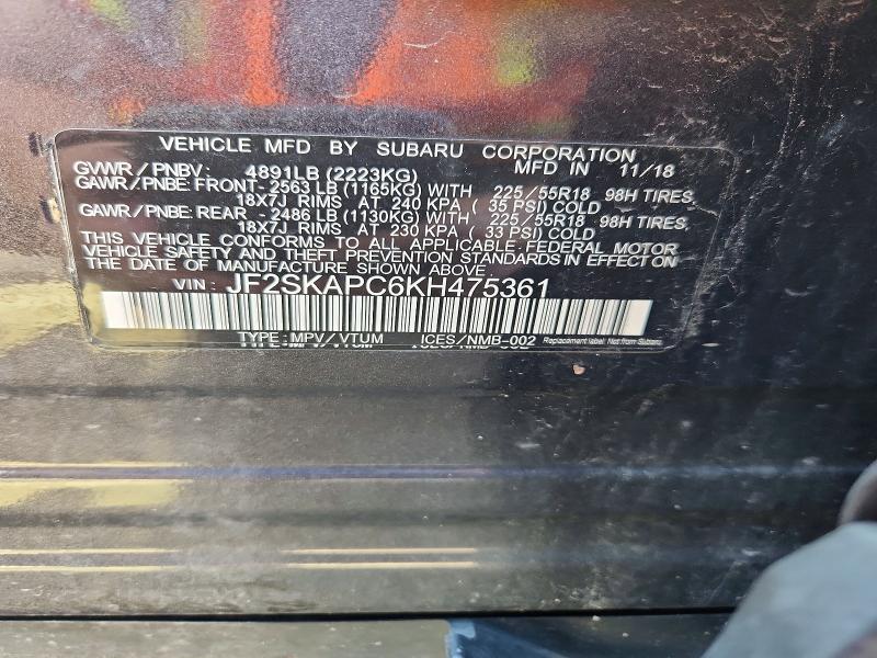2019 Subaru Forester მანქანა იყიდება აუქციონზე, vin: JF2SKAPC6KH475361, აუქციონის ნომერი: 52445386