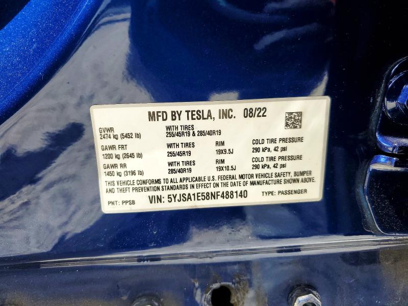 55015596 :رقم المزاد ، 5YJSA1E58NF488140 vin ، 2022 Tesla Model S مزاد بيع