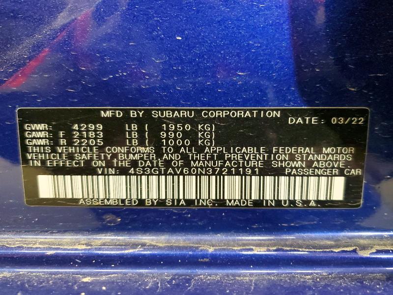 53896826 :رقم المزاد ، 4S3GTAV60N3721191 vin ، 2022 Subaru Impreza مزاد بيع