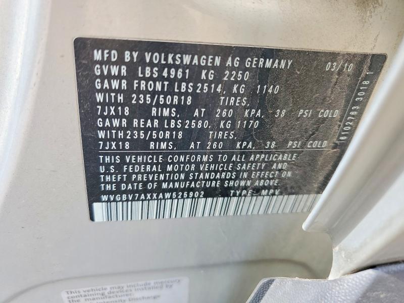 Aukcja sprzedaży 2010 Volkswagen Tiguan, vin: WVGBV7AXXAW525902, numer aukcji: 54558776