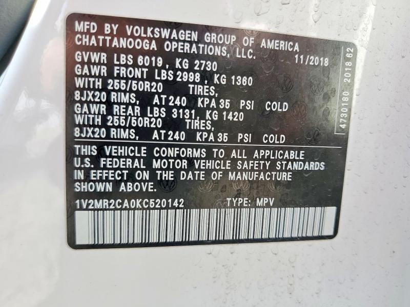 53215986 :رقم المزاد ، 1V2MR2CA0KC520142 vin ، 2019 Volkswagen Atlas مزاد بيع