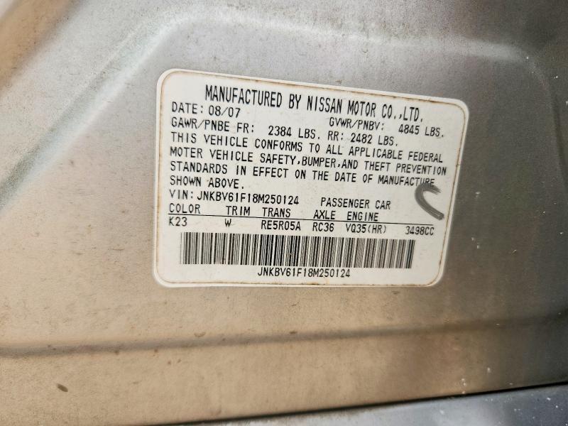 2008 Infiniti G35 მანქანა იყიდება აუქციონზე, vin: JNKBV61F18M250124, აუქციონის ნომერი: 53260156