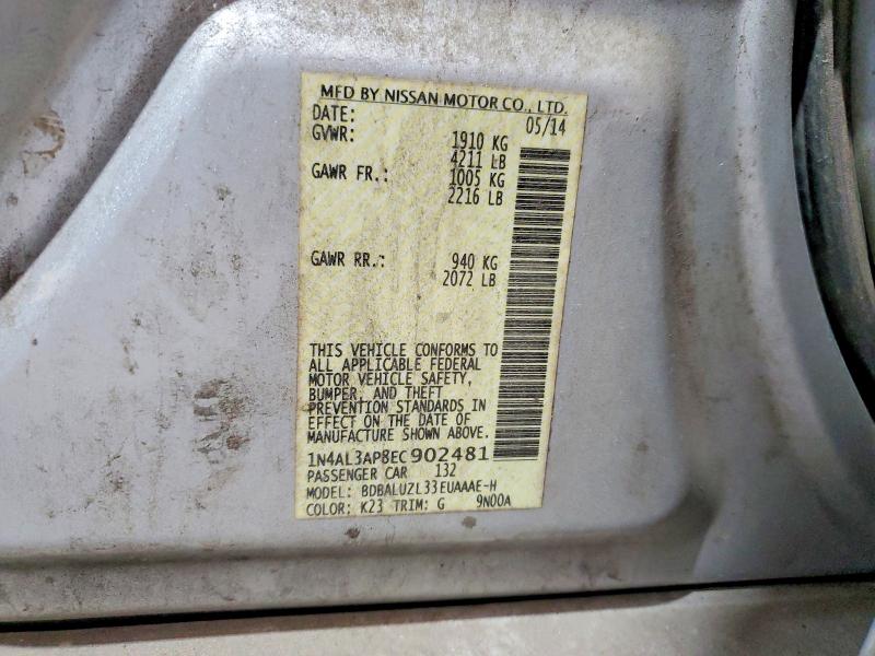 2014 Nissan Altima მანქანა იყიდება აუქციონზე, vin: 1N4AL3AP8EC902481, აუქციონის ნომერი: 54138256