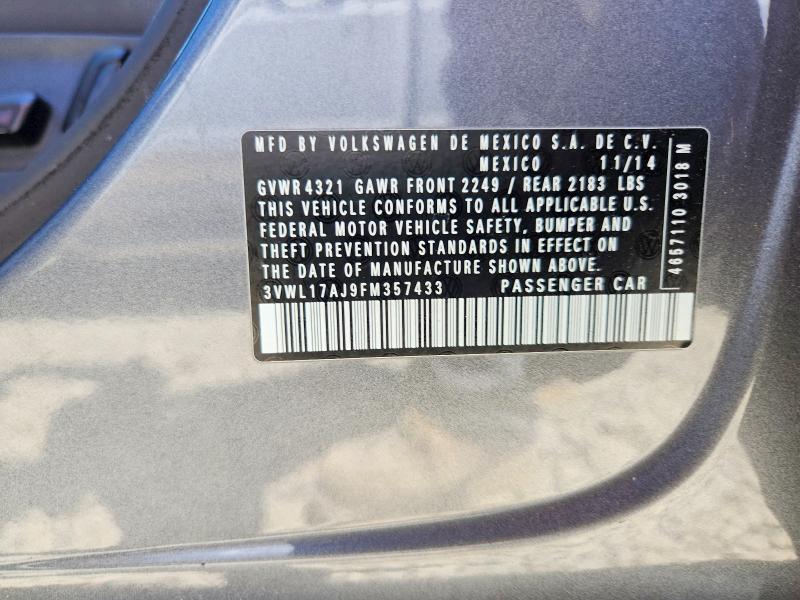 Auction sale of the 2015 Volkswagen Jetta, vin: 3VWL17AJ9FM357433, lot number: 54622376