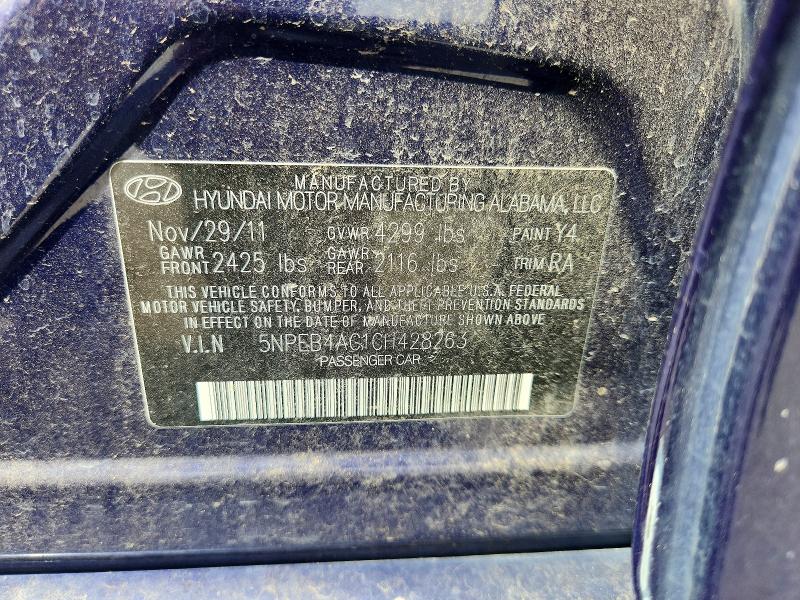 2012 Hyundai Sonata მანქანა იყიდება აუქციონზე, vin: 5NPEB4AC1CH428263, აუქციონის ნომერი: 53665296