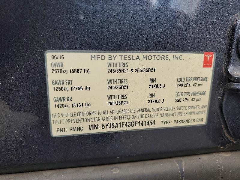 Продажа на аукционе авто 2016 Tesla Model S, vin: 5YJSA1E43GF141454, номер лота: 52333436