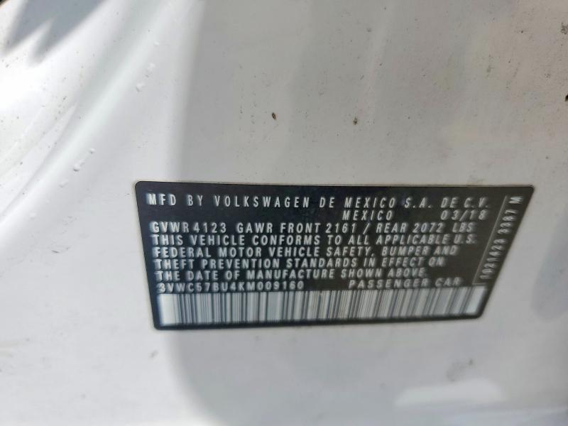 2019 Volkswagen Jetta მანქანა იყიდება აუქციონზე, vin: 3VWC57BU4KM009160, აუქციონის ნომერი: 54072436