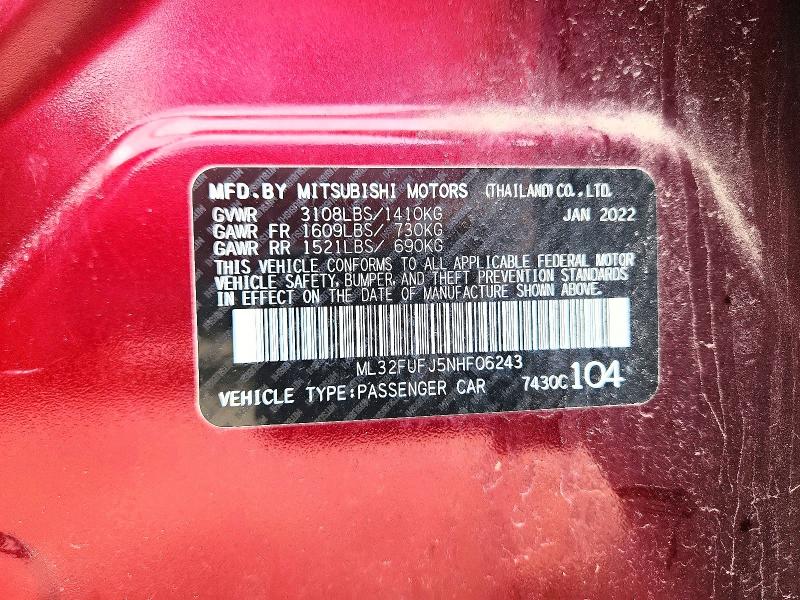 Продаж на аукціоні авто 2022 Mitsubishi Mirage, vin: ML32FUFJ5NHF06243, номер лоту: 52691786