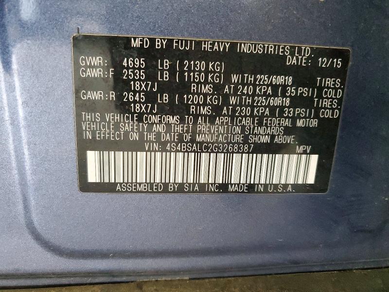 Aukcja sprzedaży 2016 Subaru Outback, vin: 4S4BSALC2G3268387, numer aukcji: 53783586