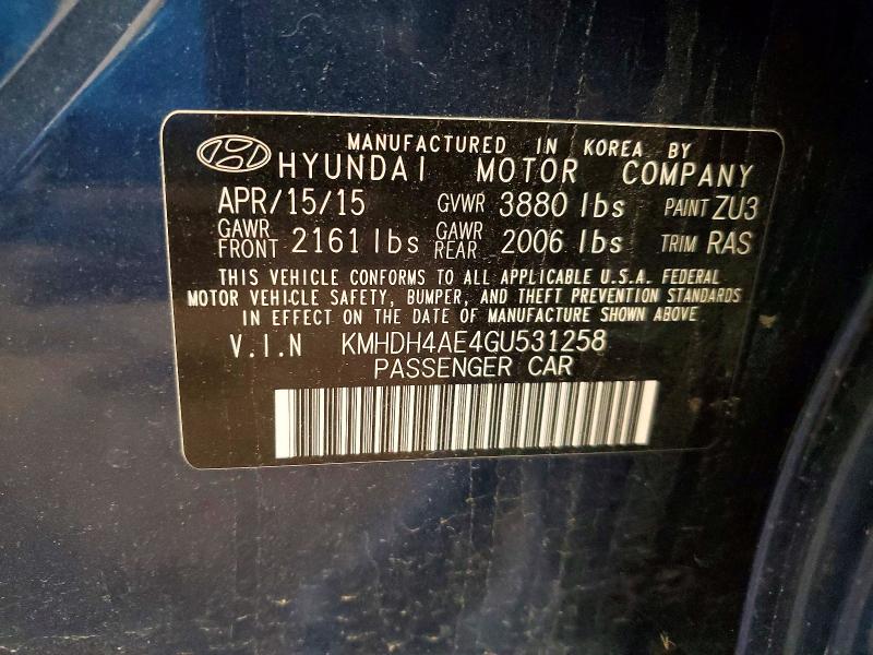 52946396 :رقم المزاد ، KMHDH4AE4GU531258 vin ، 2016 Hyundai Elantra مزاد بيع