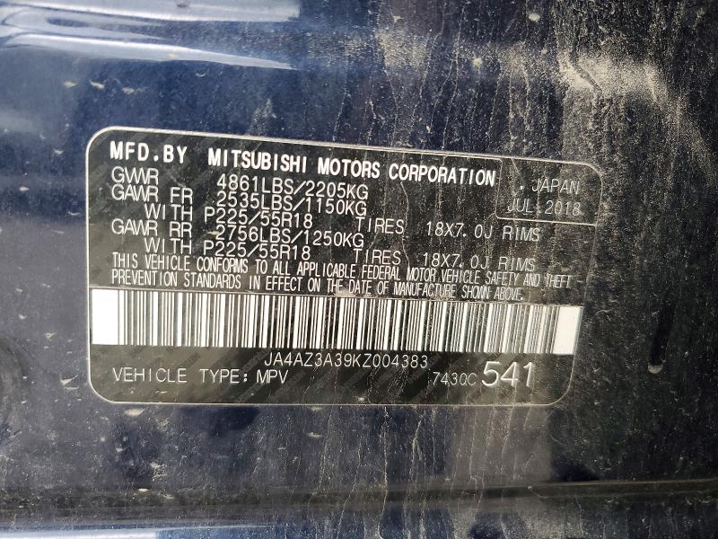 53241646 :رقم المزاد ، JA4AZ3A39KZ004383 vin ، 2019 Mitsubishi Outlander مزاد بيع