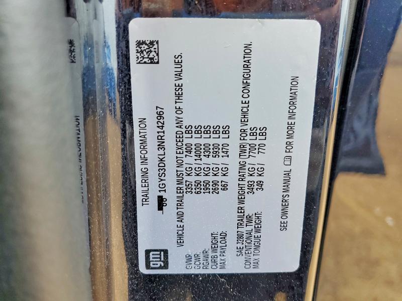 2022 Cadillac Escalade მანქანა იყიდება აუქციონზე, vin: 1GYS3DKL3NR142967, აუქციონის ნომერი: 51703656