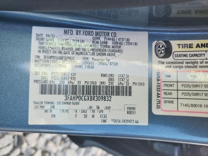 Aukcja sprzedaży 2011 Ford Fusion, vin: 3FAHP0CGXBR309832, numer aukcji: 54288656