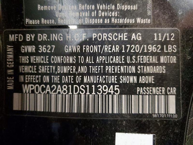 Aukcja sprzedaży 2013 Porsche Boxster, vin: WP0CA2A81DS113945, numer aukcji: 53435146