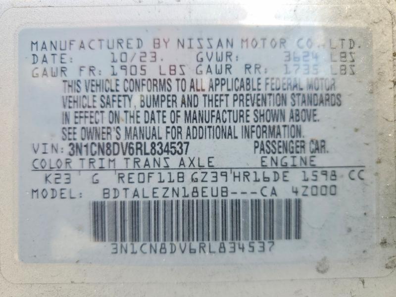 2024 Nissan Versa მანქანა იყიდება აუქციონზე, vin: 3N1CN8DV6RL834537, აუქციონის ნომერი: 54690006