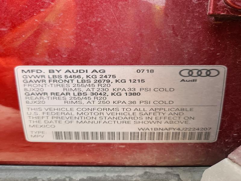 52451276 :رقم المزاد ، WA1BNAFY4J2224207 vin ، 2018 Audi Q5 مزاد بيع