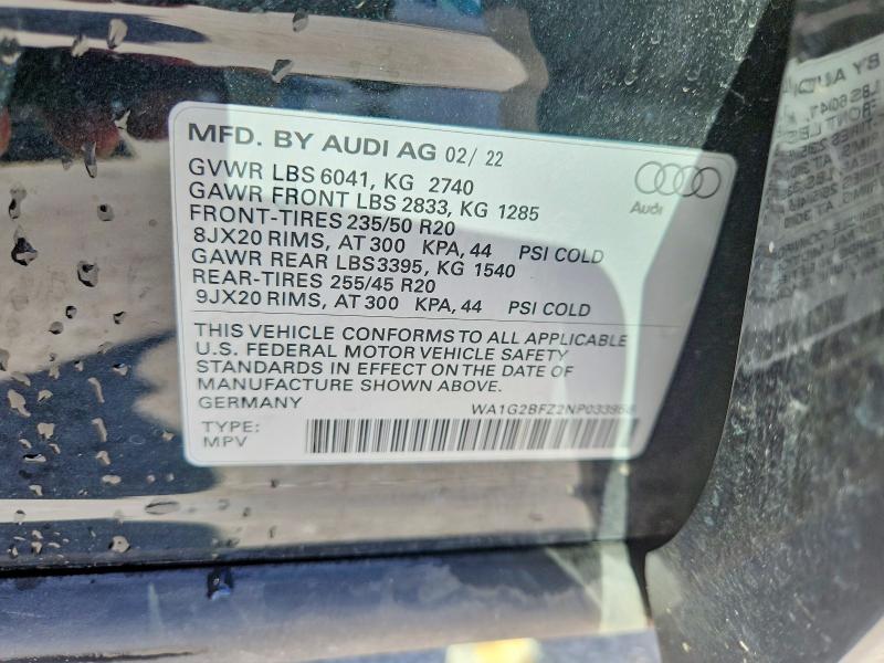 2022 Audi Q4 E-tron მანქანა იყიდება აუქციონზე, vin: WA1G2BFZ2NP033956, აუქციონის ნომერი: 54653026