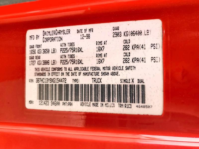 1999 Dodge Ram 1500 მანქანა იყიდება აუქციონზე, vin: 3B7HC13Y9XG154472, აუქციონის ნომერი: 54705676