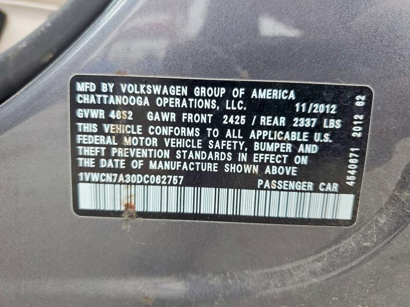 Aukcja sprzedaży 2013 Volkswagen Passat, vin: 1VWCN7A30DC062757, numer aukcji: 54108726