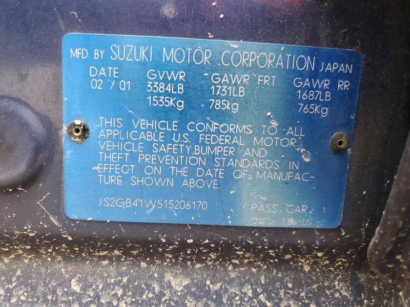 51311116 :رقم المزاد ، JS2GB41W515206170 vin ، 2001 Suzuki Esteem مزاد بيع