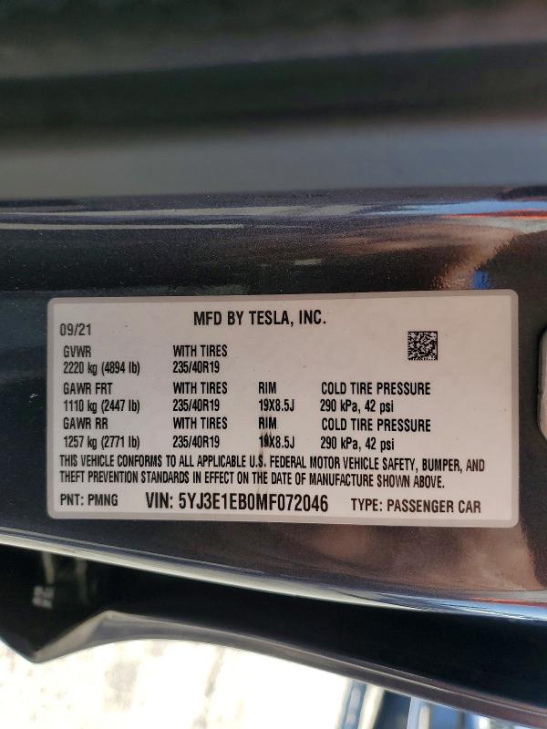 Aukcja sprzedaży 2021 Tesla Model 3, vin: 5YJ3E1EB0MF072046, numer aukcji: 54098536