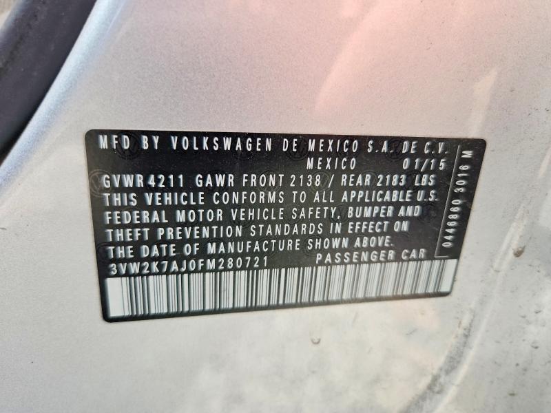 2015 Volkswagen Jetta მანქანა იყიდება აუქციონზე, vin: 3VW2K7AJ0FM280721, აუქციონის ნომერი: 54700596