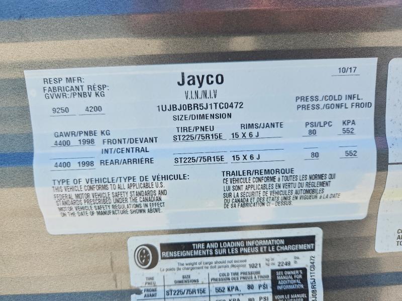 Aukcja sprzedaży 2018 Jayflight Recreational Vehicle (rv), vin: 1UJBJ0BR5J1TC0472, numer aukcji: 53097656
