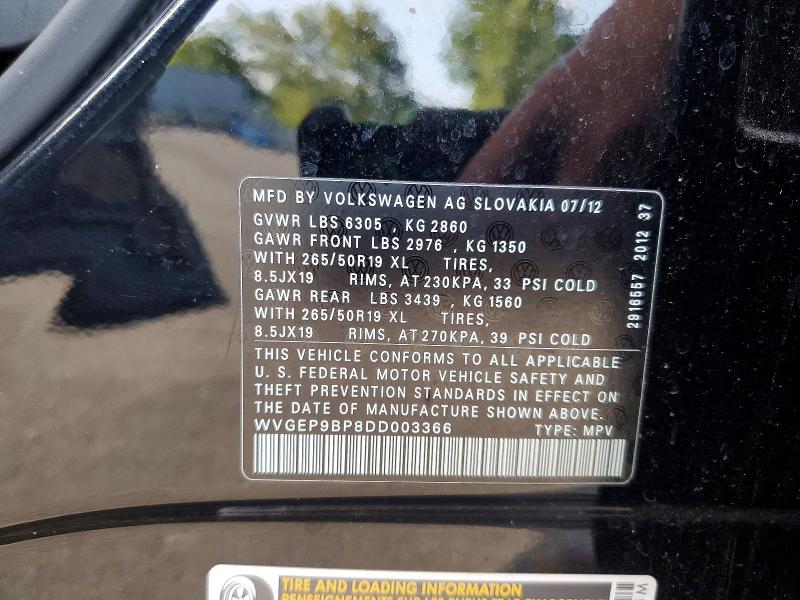 Aukcja sprzedaży 2013 Volkswagen Touareg, vin: WVGEP9BP8DD003366, numer aukcji: 53792826