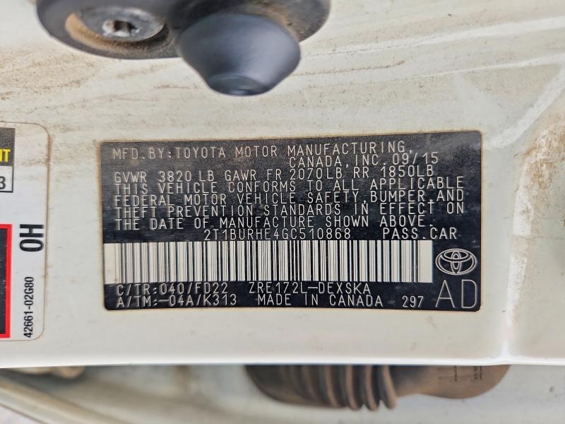 Aukcja sprzedaży 2016 Toyota Corolla, vin: 2T1BURHE4GC510868, numer aukcji: 52256736