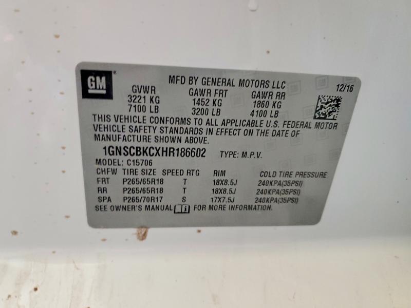 Продаж на аукціоні авто 2017 Chevrolet Tahoe, vin: 1GNSCBKCXHR186602, номер лоту: 53747236
