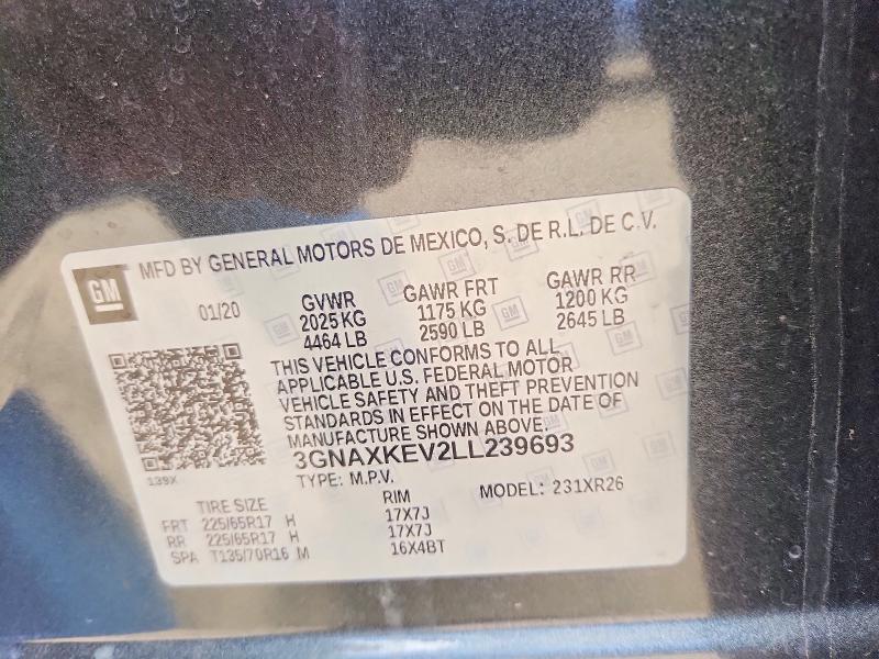 54119466 :رقم المزاد ، 3GNAXKEV2LL239693 vin ، 2020 Chevrolet Equinox مزاد بيع