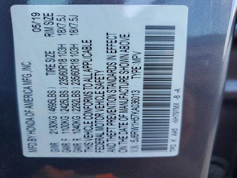 54043926 :رقم المزاد ، 5J6RW1H57KA036013 vin ، 2019 Honda Cr-v مزاد بيع