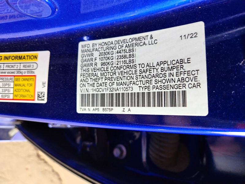 Продажа на аукционе авто 2022 Honda Accord, vin: 1HGCV1F32NA110573, номер лота: 52958576