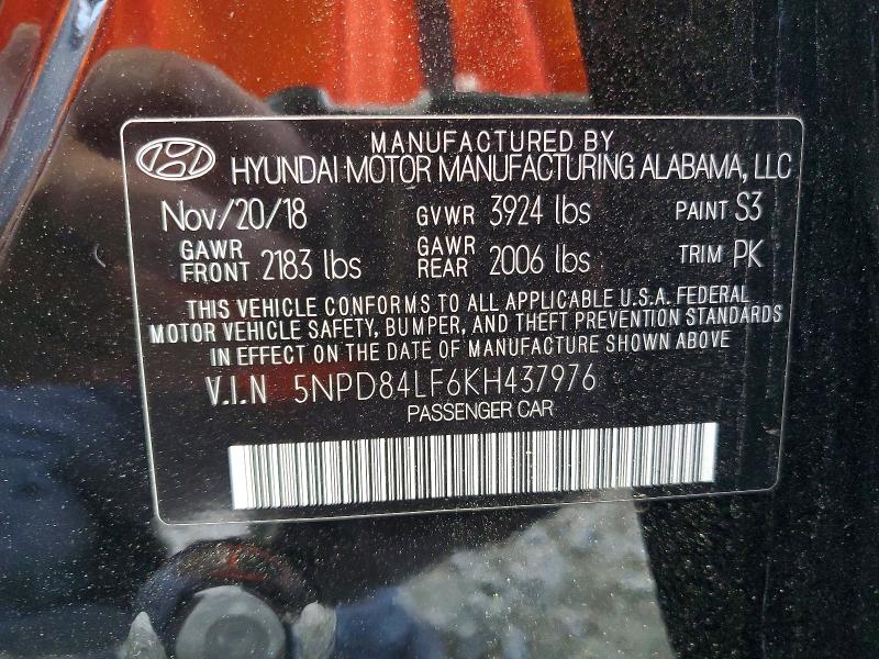 53732846 :رقم المزاد ، 5NPD84LF6KH437976 vin ، 2019 Hyundai Elantra مزاد بيع