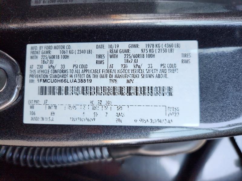 2020 Ford Escape მანქანა იყიდება აუქციონზე, vin: 1FMCU0H66LUA38819, აუქციონის ნომერი: 55433216