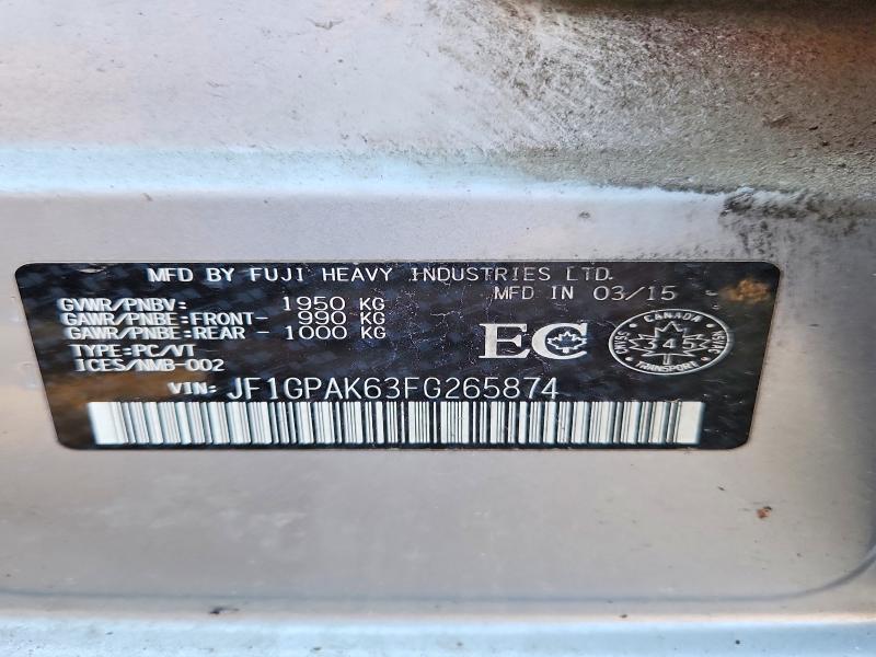 52801796 :رقم المزاد ، JF1GPAK63FG265874 vin ، 2015 Subaru Impreza مزاد بيع