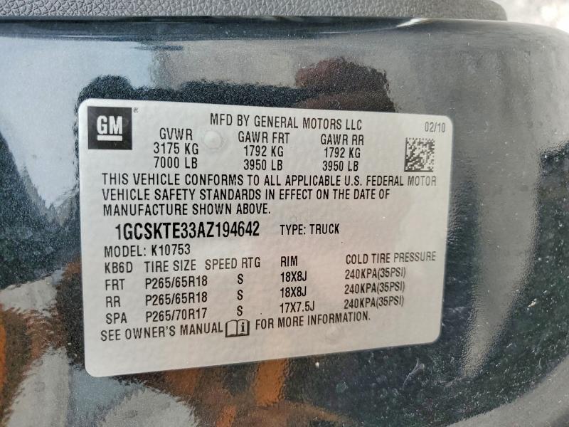 54329096 :رقم المزاد ، 1GCSKTE33AZ194642 vin ، 2010 Chevrolet Silverado مزاد بيع