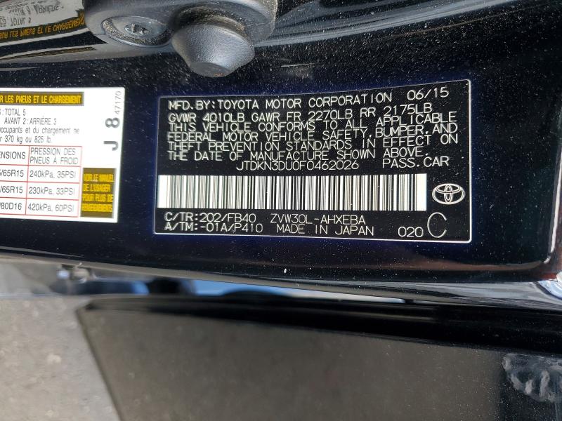 Aukcja sprzedaży 2015 Toyota Prius, vin: JTDKN3DU0F0462026, numer aukcji: 55744406