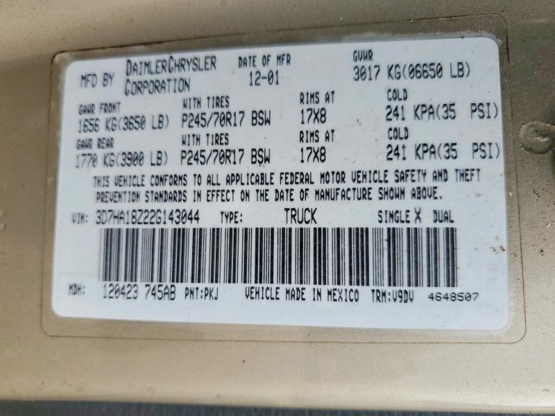 2002 Dodge Ram 1500 მანქანა იყიდება აუქციონზე, vin: 3D7HA18Z22G143044, აუქციონის ნომერი: 54489066