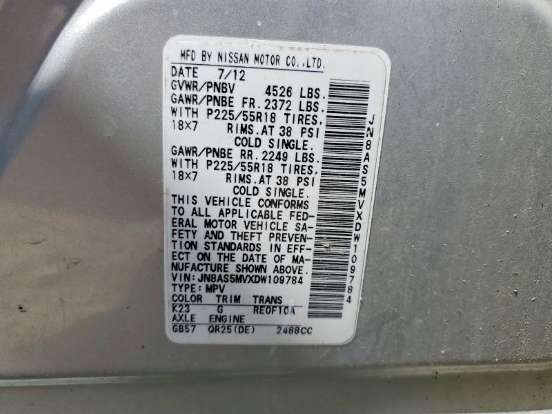 52383866 :رقم المزاد ، JN8AS5MVXDW109784 vin ، 2013 Nissan Rogue مزاد بيع