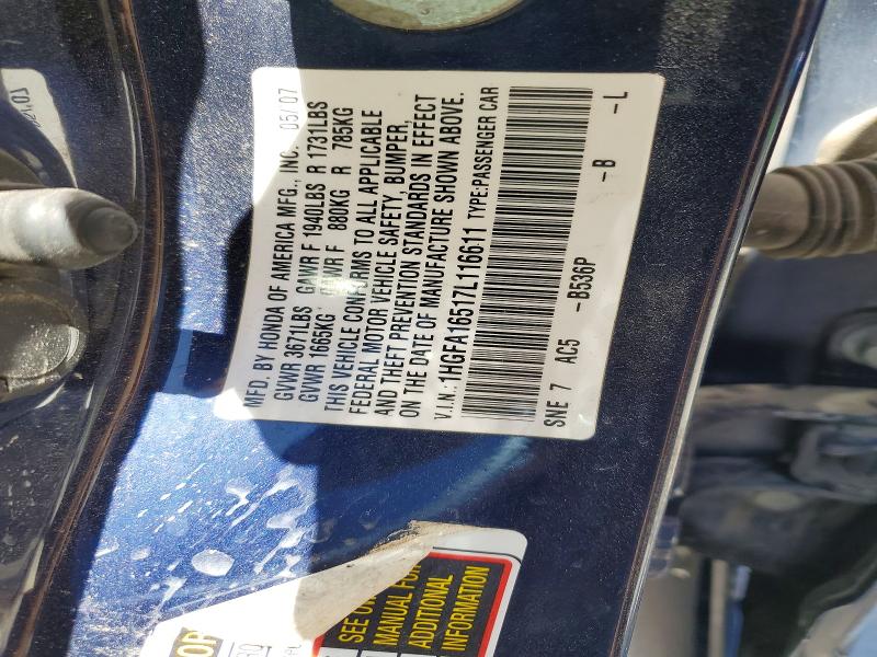Продаж на аукціоні авто 2007 Honda Civic, vin: 1HGFA16517L116611, номер лоту: 53922776