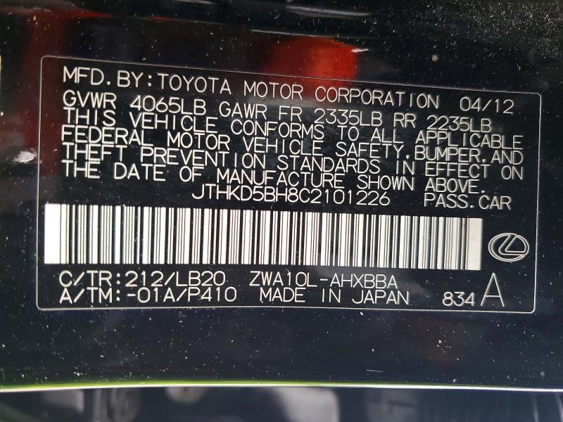 Aukcja sprzedaży 2012 Lexus Ct, vin: JTHKD5BH8C2101226, numer aukcji: 53293316