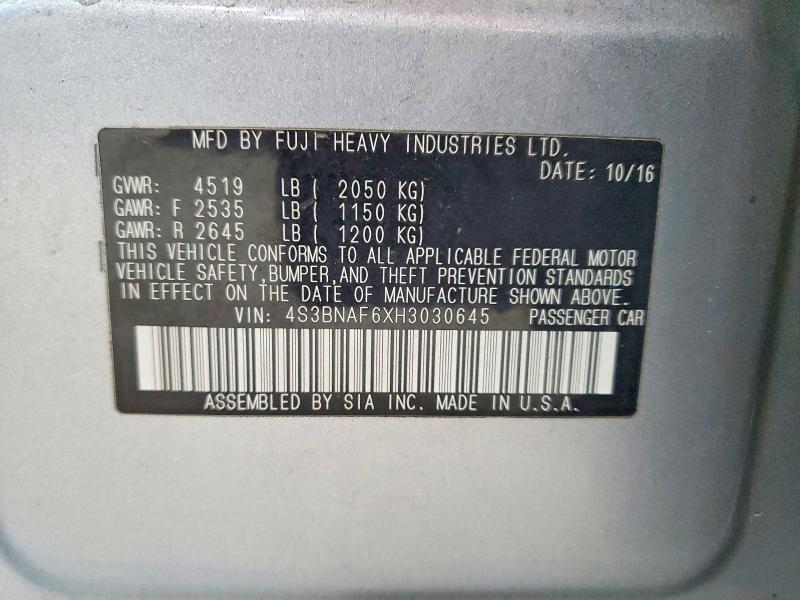 2017 Subaru Legacy მანქანა იყიდება აუქციონზე, vin: 4S3BNAF6XH3030645, აუქციონის ნომერი: 53645676