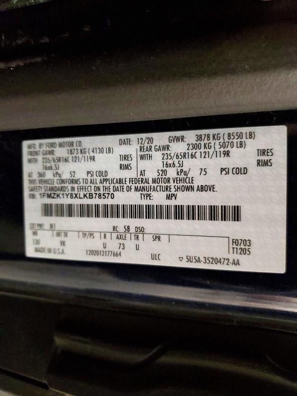 52039016 :رقم المزاد ، 1FMZK1Y8XLKB78570 vin ، 2020 Ford Transit مزاد بيع