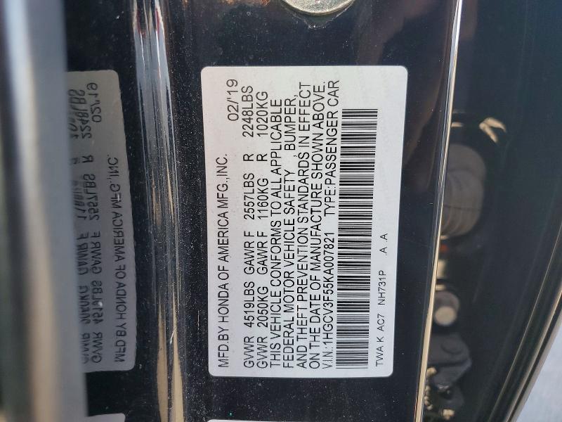 54156456 :رقم المزاد ، 1HGCV3F55KA007821 vin ، 2019 Honda Accord مزاد بيع