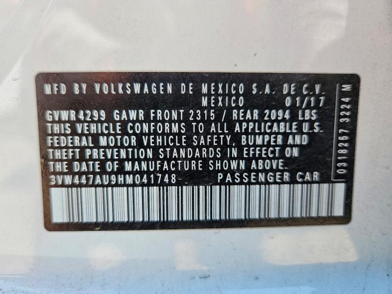 2017 Volkswagen Gti მანქანა იყიდება აუქციონზე, vin: 3VW447AU9HM041748, აუქციონის ნომერი: 52448996