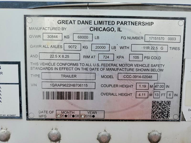 Продаж на аукціоні авто 2017 Great Dane Trai Semi Trail, vin: 1GRAP9622HB706115, номер лоту: 52163266