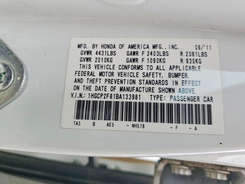 2011 Honda Accord მანქანა იყიდება აუქციონზე, vin: 1HGCP2F81BA133981, აუქციონის ნომერი: 53750596