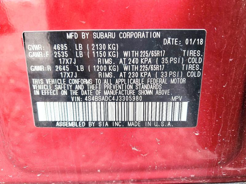Продажа на аукционе авто 2018 Subaru Outback, vin: 4S4BSADC4J3305980, номер лота: 52148716